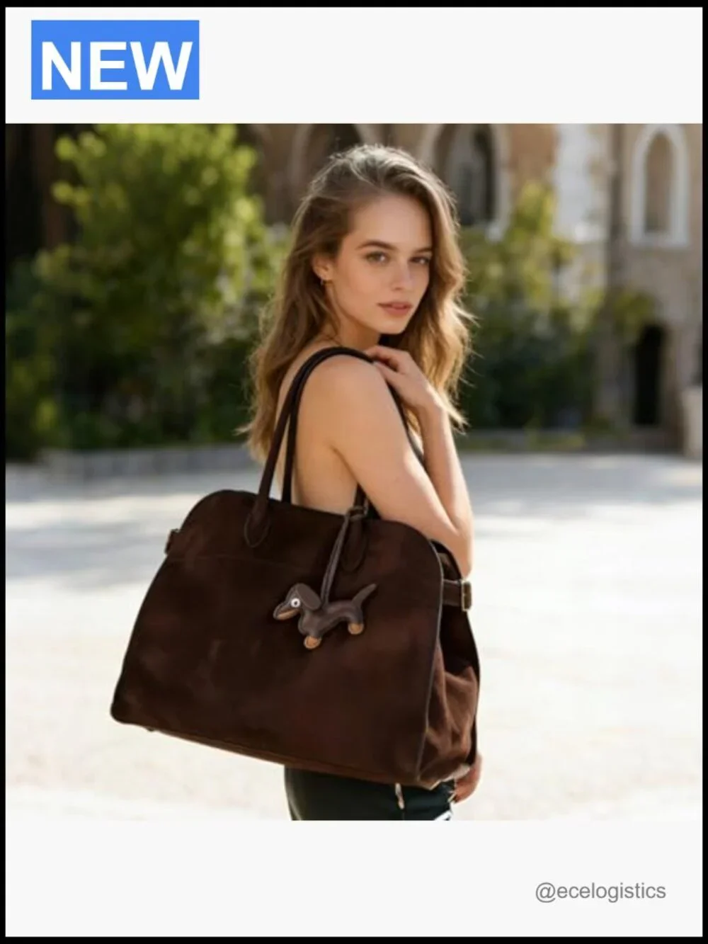 Genuine Suede Tote Bag with Puppy Charm and Card Holder